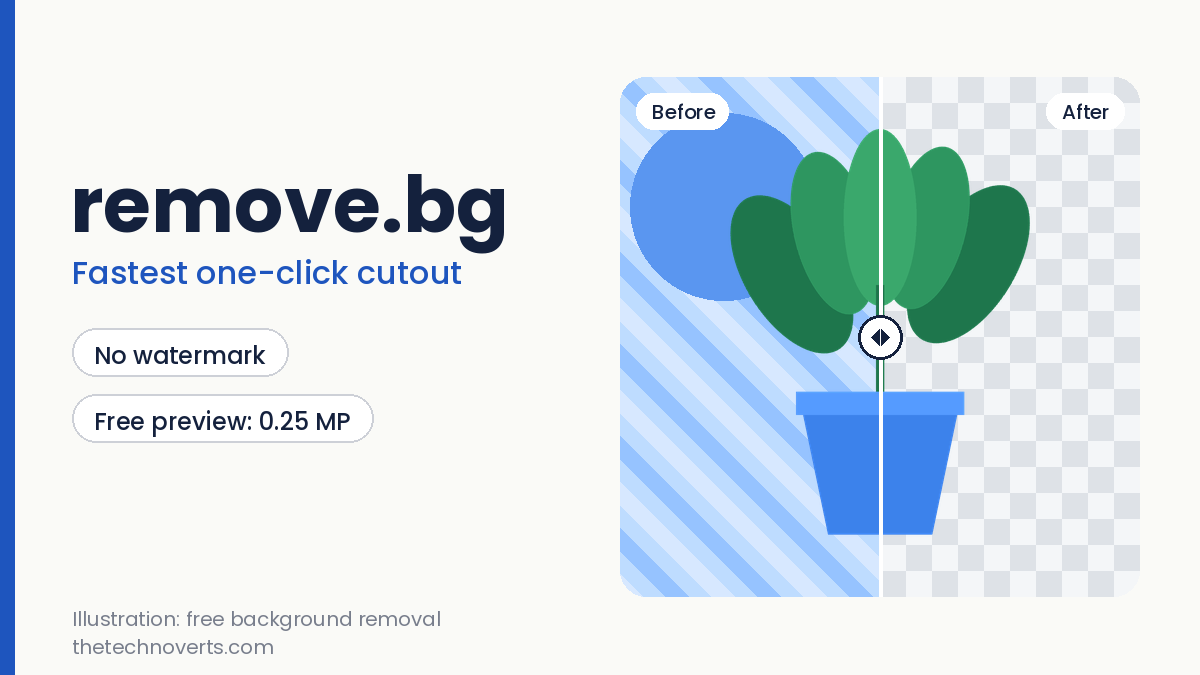 Illustration of a before and after background removal for remove.bg with a plant on a transparent grid